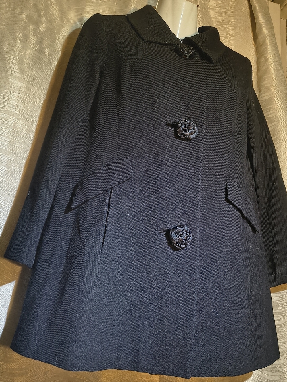 Lily Ann Black Wool A-Line Swing Coat, Sm. with Knot Buttons, Excellent Vintage